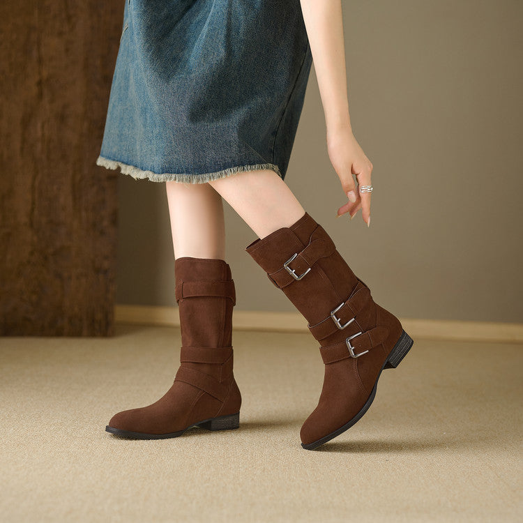 Retro Suede Mid - Calf Boots with Belt Buckles