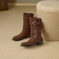Retro Suede Mid - Calf Boots with Belt Buckles