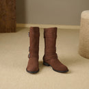 Retro Suede Mid - Calf Boots with Belt Buckles
