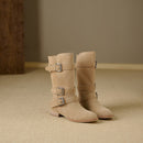 Retro Suede Mid - Calf Boots with Belt Buckles