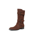 Retro Suede Mid - Calf Boots with Belt Buckles