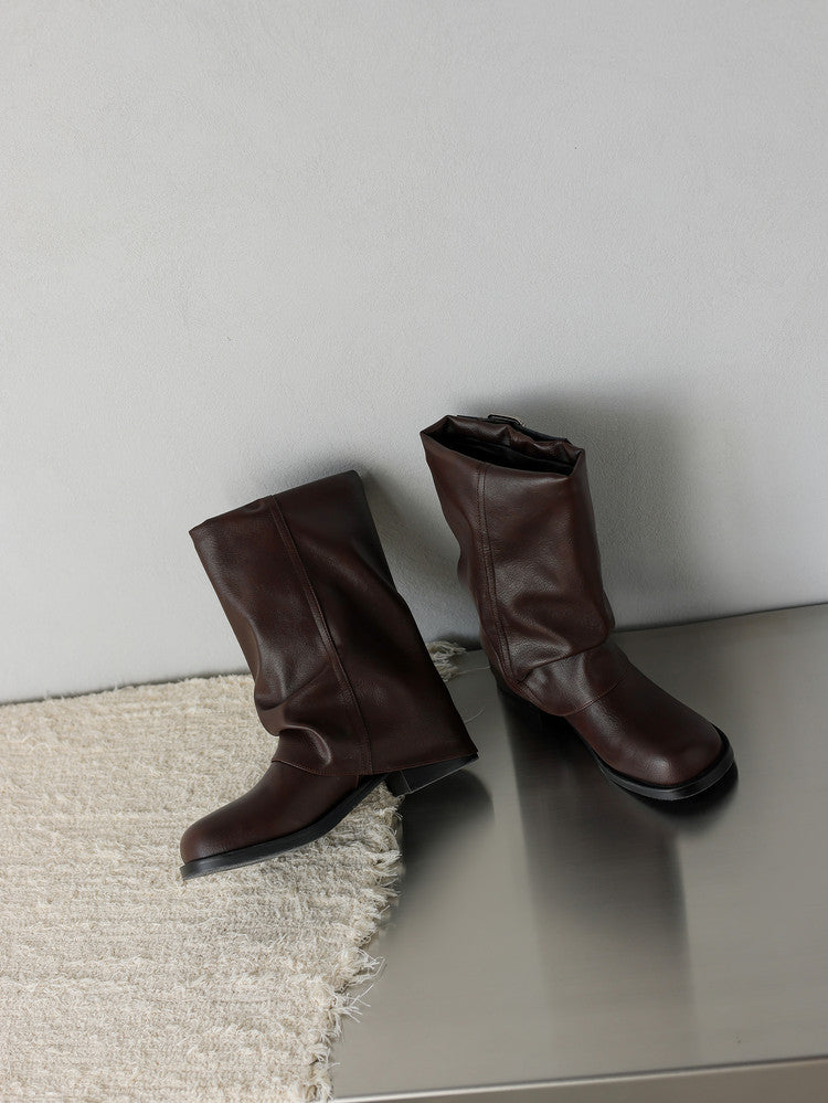 British - Style Ruched Buckle Mid - Calf Boots