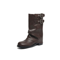 British - Style Ruched Buckle Mid - Calf Boots