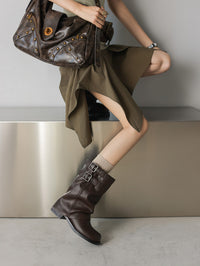 British - Style Ruched Buckle Mid - Calf Boots