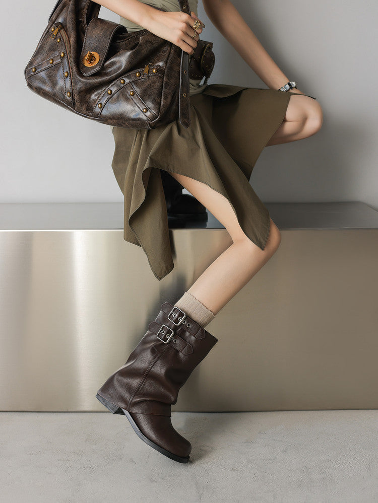 British - Style Ruched Buckle Mid - Calf Boots