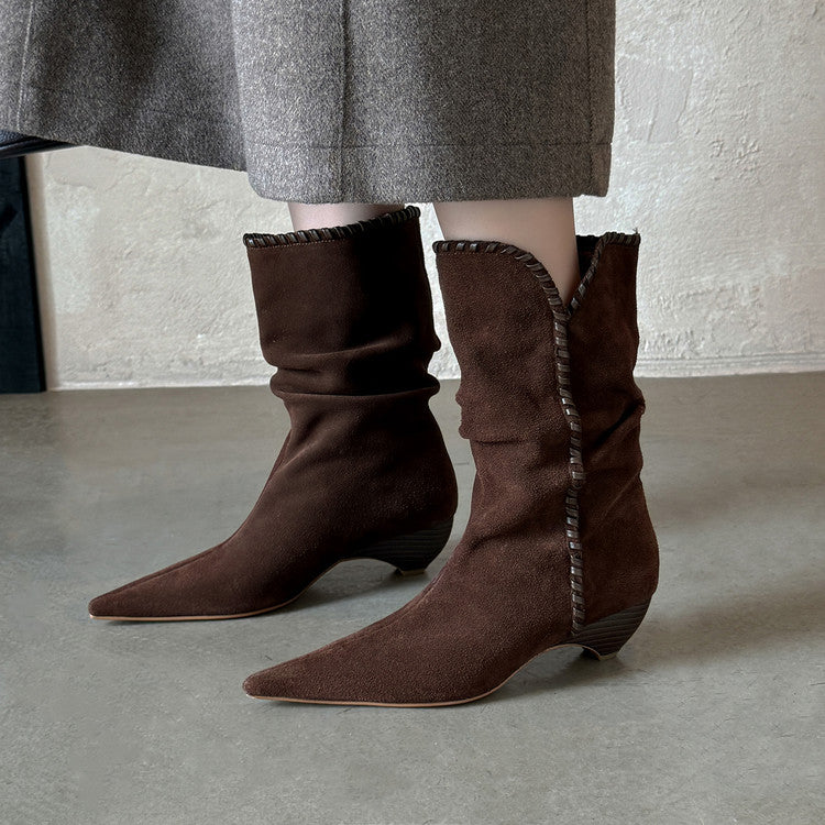 Retro Suede Mid - Calf Western Boots for Women