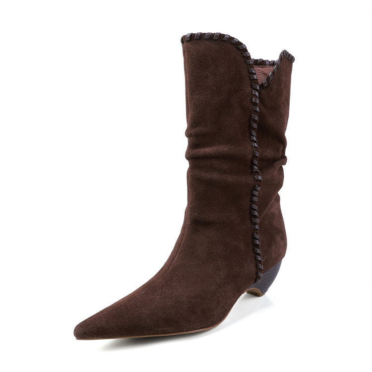 Retro Suede Mid - Calf Western Boots for Women