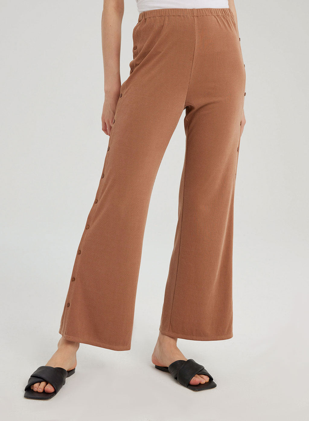 Rib-knit Flare Leg Button Pants