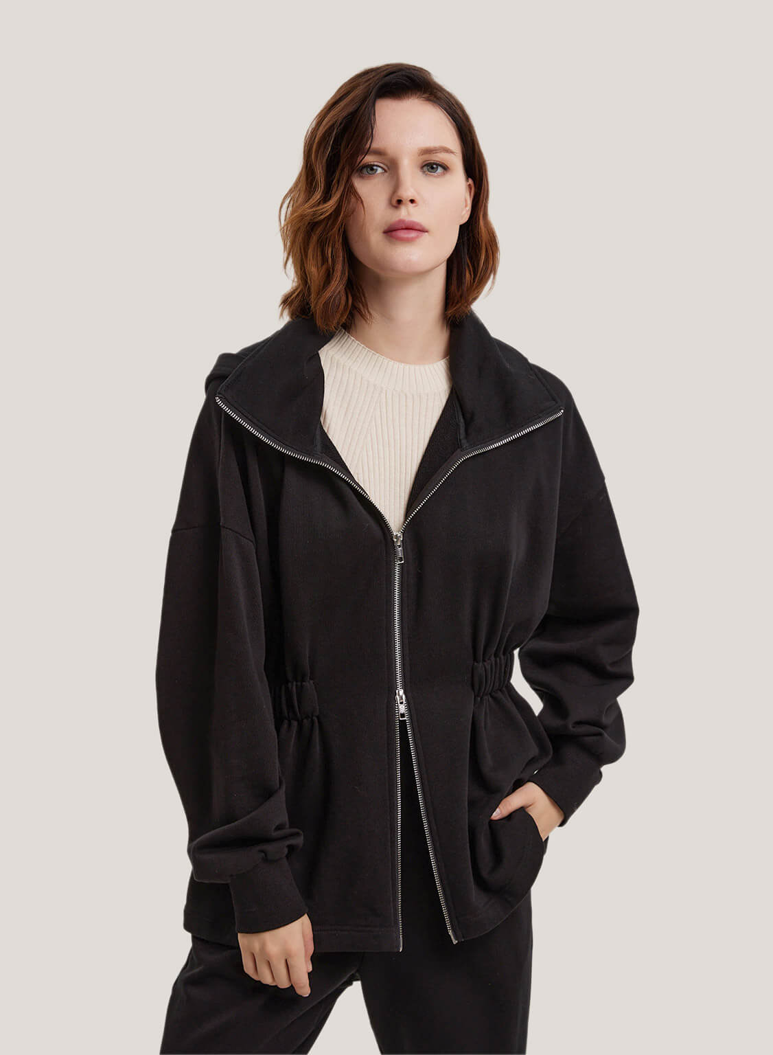 100% Cotton Oversized-Collar Zip Jacket