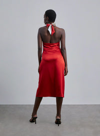 Color Block Halter Neck Silk Midi Dress