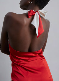 Color Block Halter Neck Silk Midi Dress