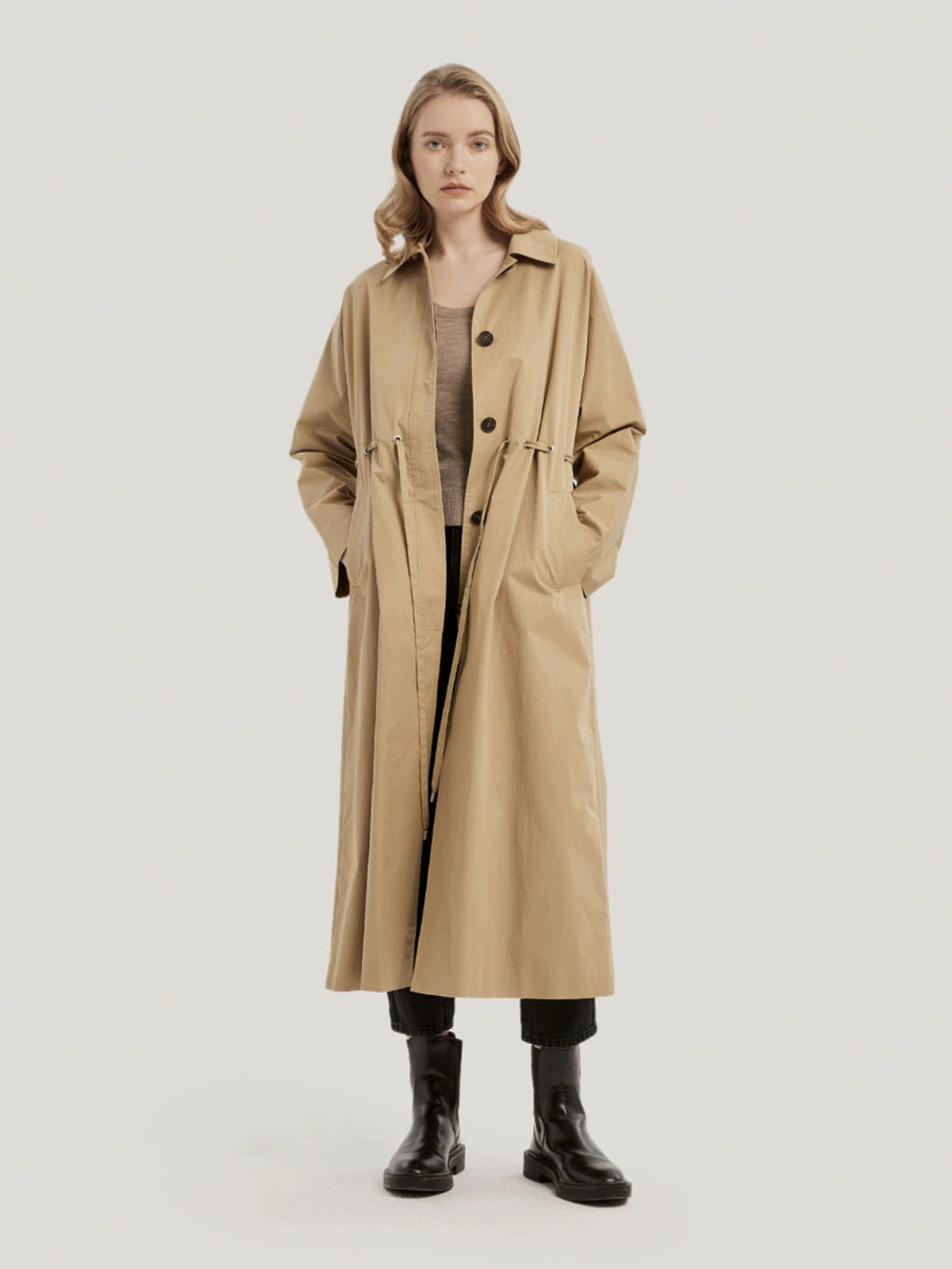 GH Drawstring Single-Breasted 100% Cotton Long Coat