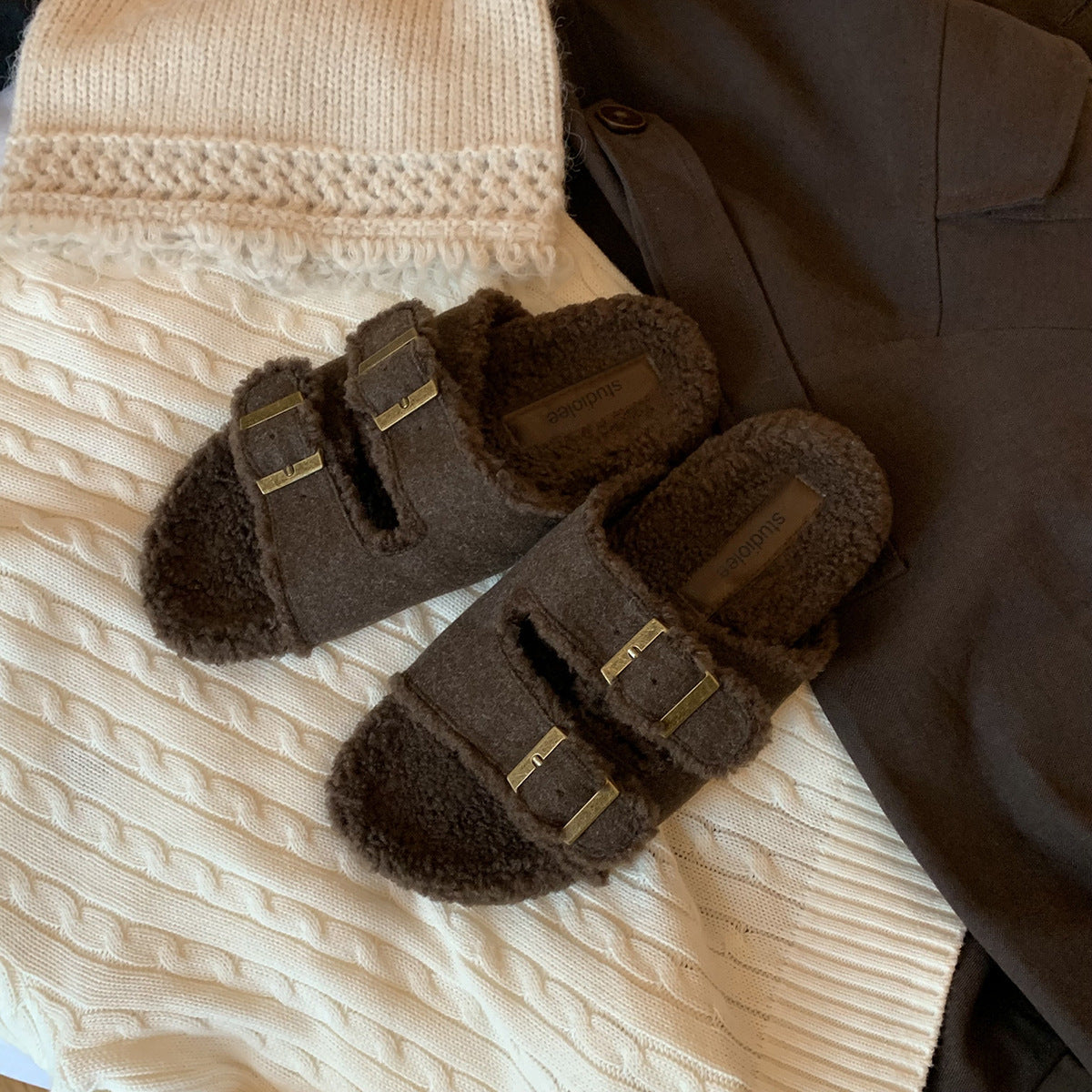 Double-buckle Fur Slippers
