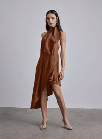 Halter Neck-Tie Hi-Low Silk Midi Dress