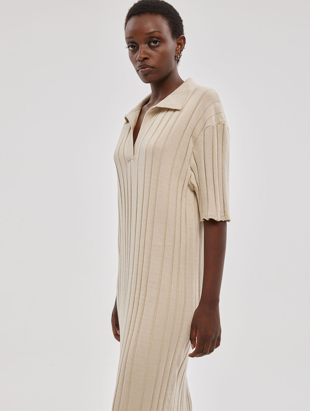 Pleated Sweater Dress With Spread Collar