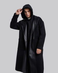 Wool &Faux-Leather Panel Coat