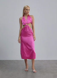 Brown Dune Halterneck Midi Silk Dress