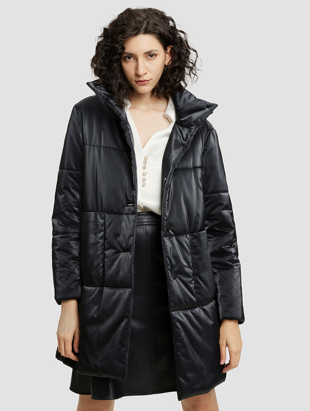 Faux Leather Cotton-padded Coat