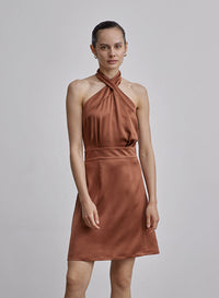 Cross Halter A-Line Mini Silk Dress